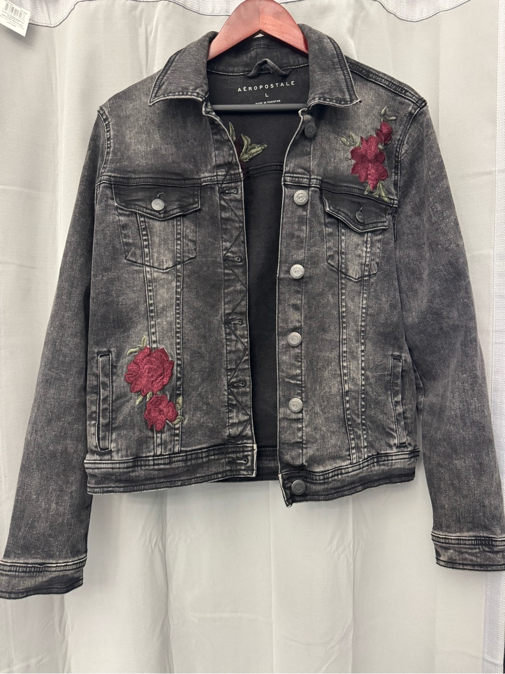 Aeropostale Women's Washed Black Denim Jacket with Red Rose Embroidery Large